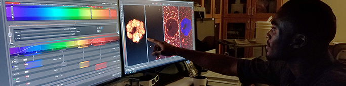 Scientist pointing at finding on computer screen.